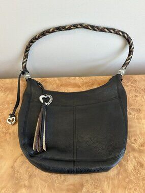 EUC Brighton Barbados Black Leather Hobo Shoulder Bag Braided Strap Tassel Charm
